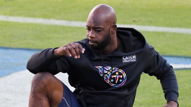 Tennessee Titans cornerback Johnathan Joseph (33) warms up before the Buffalo Bills game at Nissan Stadium Tuesday, Oct. 13, 2020 in Nashville, Tenn.